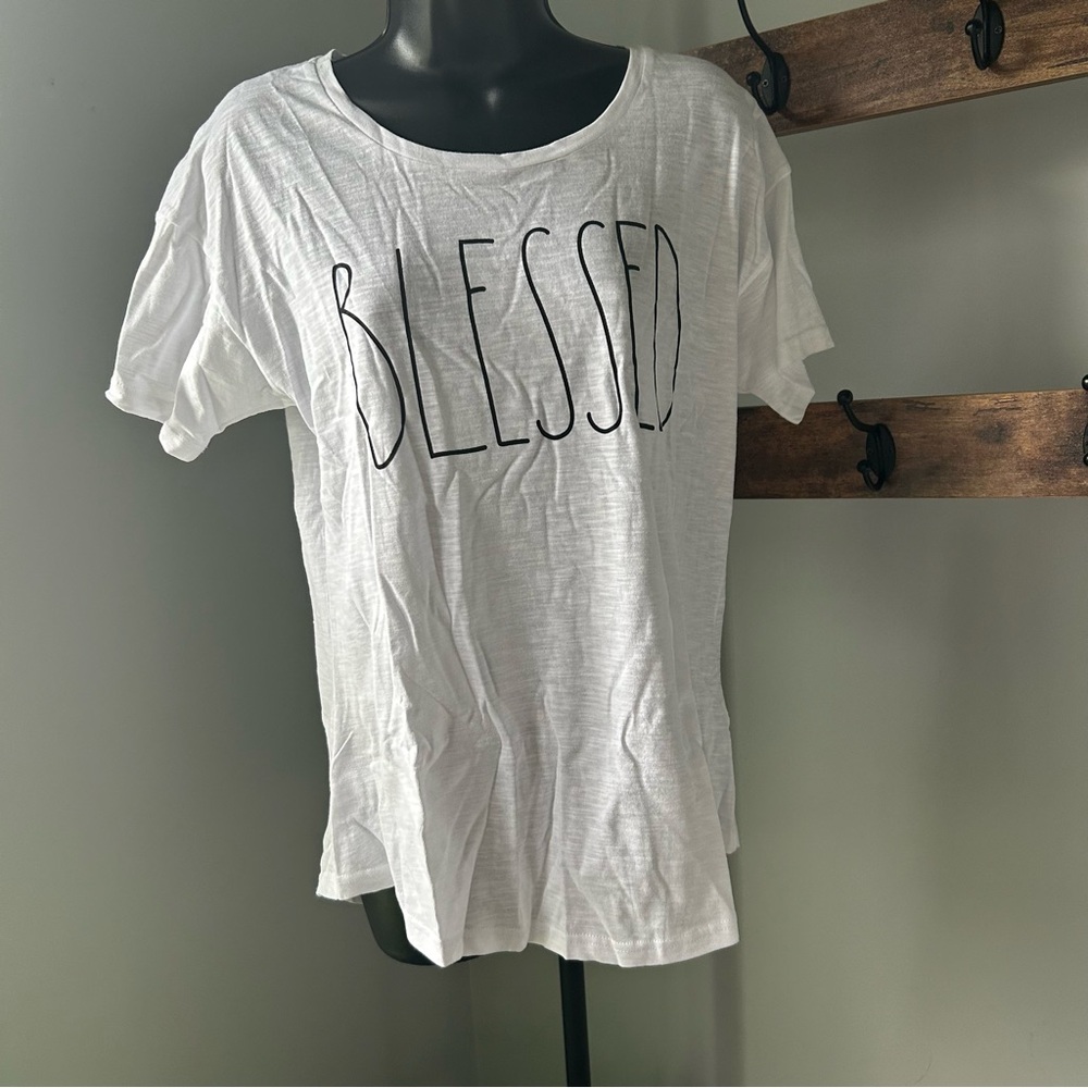 Rae Dunn Women’s short sleeves pullover t shirt with BLESSED message size L NEW